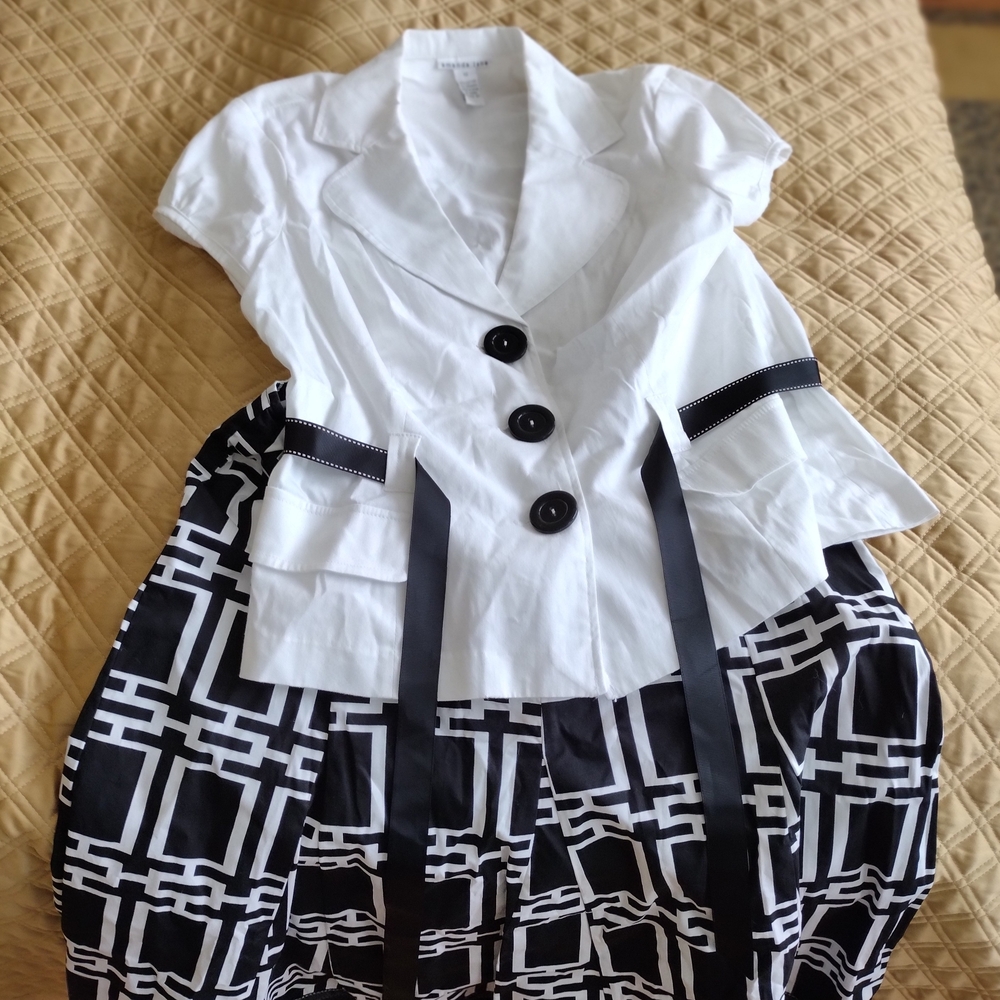 Set of 2 White and Black Buttoned Top and Geometric Pattern Skirt New